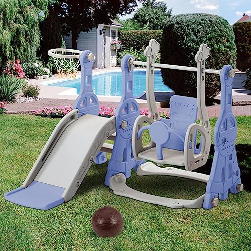 Mokylor Set da parco giochi per bambini autoportante 4 in 1, con scivolo arrampicabile, canestro da basket, Scivolo da Giardino per Bambini, per ambienti interni ed esterni. (blu, 140x118x82cm)
