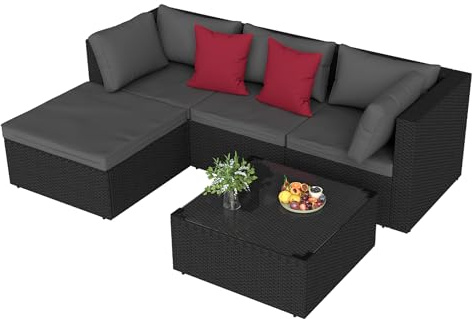 HENGMEI Poly Rattan Lounge Sofa Gartenmöbel Set, Polyrattan Gartenlounge Sofagarnitur Ecksofa mit Sitzkissen Frei Kombinierbare Elemente 3er Gartensofa, Hocker, Couchtisch mit Glasplatte
