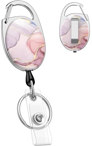 Uniclife Retractable Keychain, Pink Marble Badge Holder Reel Key Ring