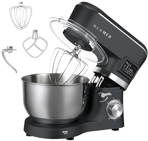 KLAMER Classic Küchenmaschine 1400 W mit 5,5 L Edelstahlschüssel | Knetmaschine mit planetarischem Rührwerk verarbeitet schwere Brotteige mühelos, arbeitet gleichmäßig mit Fermentierfunktion