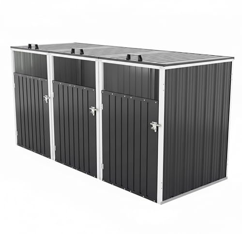 Veemuaro Outdoor Metal Trash Can Storage Shed for 3 Garbage Bins, Galvanized Steel Triple Bin Enclosure with Lockable Doors & Hydraulic Lid, Garden Yard Storage Cabinet for Recycling, Dark Gray