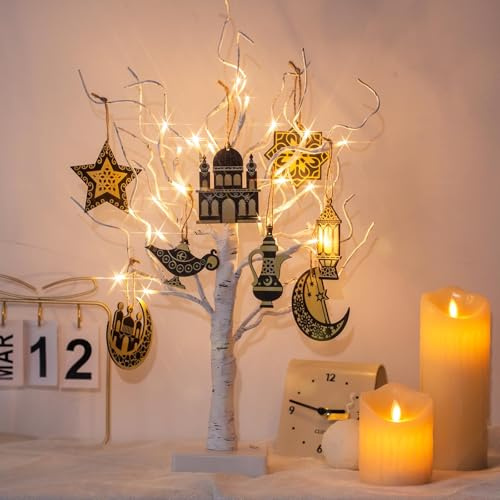 DELICHTER Beleuchtet Ramadan Deko Innen mit 24 Warmweißen LEDs Batteriebetrieben Lichterbaum mit 8 Ramadan-Anhängern Birke Bäumchen mit Timer-Funktion für Ostern Weihnachten Wohnzimmer 55 cm