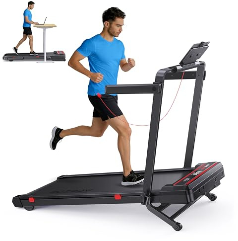 Foldable Walking Pad with 0-15% Auto Incline and Handle Bar, Under Desk Treadmill with 300LBS Weight Capacity, 3.0HP Quiet Treadmills for Home with Speaker, APP & Remote Control-Black Red
