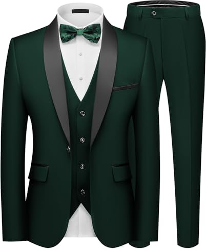Autsel Mens Suits 3 Piece Slim Fit Tuxedo Shawl Lapel Jacket Green M