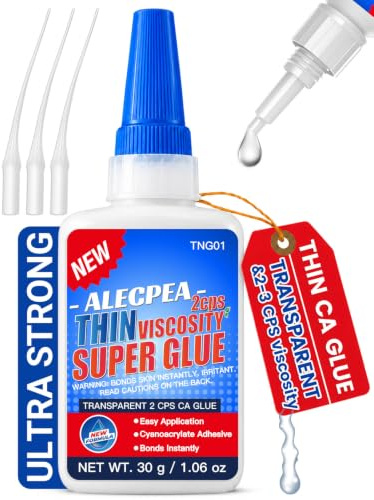 ALECPEA Thin CA Glue, 30g, for Woodworking and Models | 2–3 cps clear formula wicks into tight seams in wood, models, ceramic, glass, stone and hard plastic.