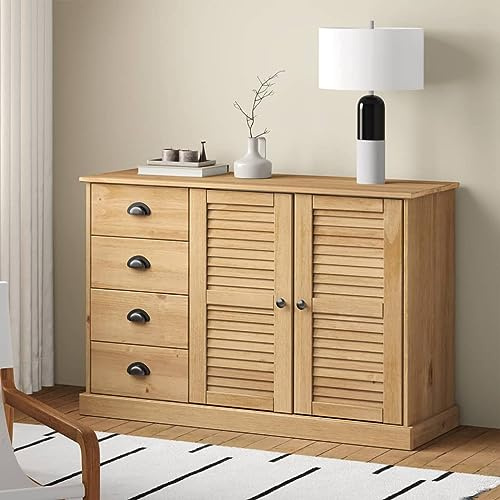 SooIarix VIGO - Credenza in legno di pino massiccio con cassetti, 113 x 40 x 75 cm, comò con maniglie in metallo, armadio versatile per soggiorno e corridoio, facile da pulire, con design a persiane
