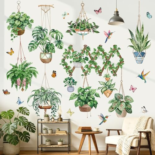 wondever Stickers Muraux Feuille Vertes Plante en Pot Autocollants Mural