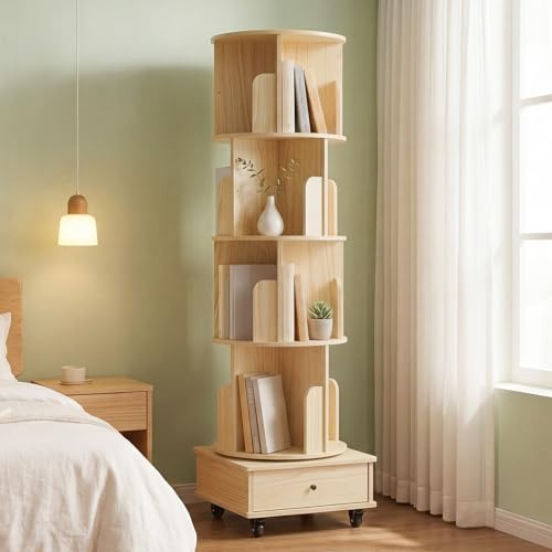 Nordivale Drehbares Bücherregal 360° Frei, Bücherregal Drehbar Farbe Naturholz, Bücherregal Kinder mit rollbar & extra Unterschublade, für Wohnzimmer, Arbeitszimmer, Büro, als Raumteiler, 5 Ebenen