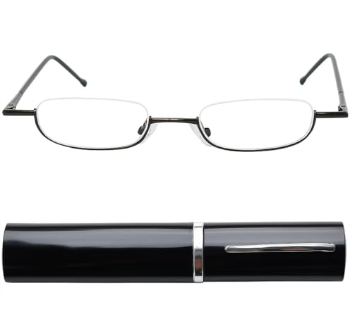 Schmale Metall Mini Lesebrille Halbrand mit Slim-Fit Alu-Etui | Nur 14 g, schmale Gläser, Nasenpads und Slim-Fit-Etui für Tasche, Büro und Alltag.