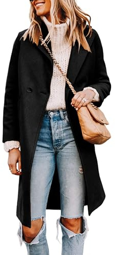 Tanming Women's Notch Lapel Double Breasted Wool Blend Mid Long Pea Trench Coat (Black-L)