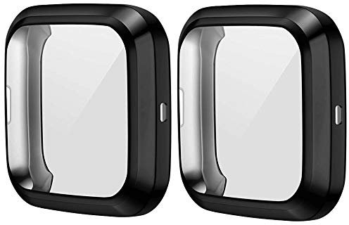 HANKN 2 Pack Screen Protector Case Compatible with Fitbit Versa 2, Soft TPU Full Coverage Protective Cover Bumper Frame Versa 2 Smartwatch (Black+Black, Versa 2)