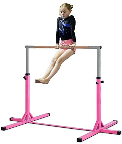 HOMCOM Gymnastikstange für Kinder, höhenverstellbar Turnreck Reckstange, Reck Turnstange für Indoor & Outdoor aus Holz & stabile Stahlkonstruktion bis 75 kg belastbar, für 3+ Kinder, Rosa