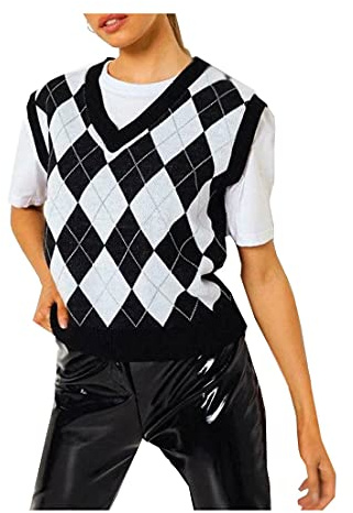 FAIRY TRENDZ LTD Womens Black Check Sleeveless Knitted Top Vest Casual V Neck Sleeveless Autumn Winter Jumper Pullover Sweater (Black 8-10)