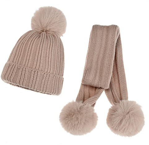 SWECOMZE Baby Jungen Wintermütze Schal Handschuhe Mädchen Set, Strickmütze Babymütze Kinder Mütze Set Wolle Schal Wollmütze Winterschal Kombi Set für Mädchen Baby Jungen