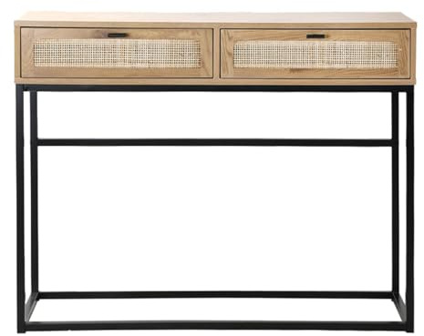 Calicosy - Console 2 Tiroirs - Cannage Rotin Naturel - Effet Bois Chêne Blond - Panneaux De Particules - Structure Métal Noir - Entrée, Couloir, Salon - Style Industriel - L 100 x P 35 x H 80 cm