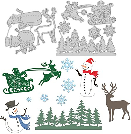 GLOBLELAND Weihnachts-Stanzformen zur Herstellung von Kartendekorationen Weihnachtsschlitten Schneeflocken Schneemann Elch Kiefer Winter Schneeflocken Stanzformen Schablonen für Scrapbooking | Schneeflocken-Schlitten-Stanzformen für Kartenherstellung, Dekoration, DIY, Scrapbooking, Album, Basteldekoration