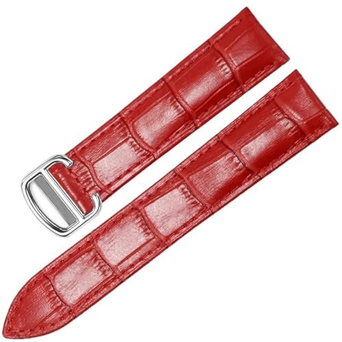 CYSUE Uhrenarmband für Cartier TANK SOLO RONDE DE Echtleder Uhrenkette Faltschnalle Uhrenarmband Zubehör Uhrenarmband Gürtel (Farbe: Rot Silber, Größe: 16 mm)