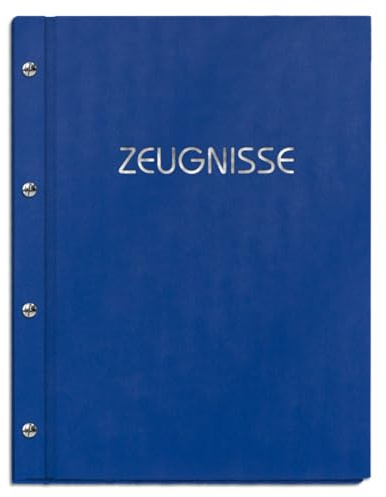 Zeugnismappe in blauer Lederoptik mit Prägedruck in verschiedenen Farben – handgefertigte Mappe inkl. 12 Sichthüllen