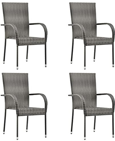 KOIECETA Gartenstuhl Stapelbar Gartensessel Stapelstuhl Essstuhl Stapelsessel Stuhl Sessel Stühle Gartenmöbel Terrasse Grau Poly Rattan (Grau, 4X), (V4646)
