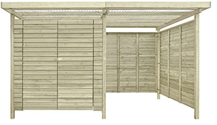 Belladoor Gerätehaus Helsinki | Gartenhaus | Wandstärke 9 mm | Kesseldruckimprägniert | BxTxH: 408 x 254 x 220 cm | Doppeltür | Inkl. PVC-Dachplatten + Anbaudach