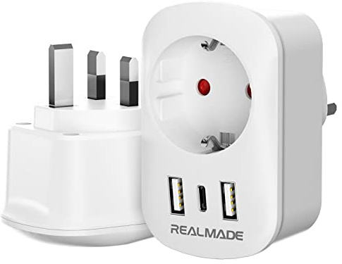 RealMade 2 Pack Reiseadapter - UK auf EU mit 2 USB und 1 Typ-C, Adapter England nach Deutschland, EU nach UK Typ G Steckdosenadapter