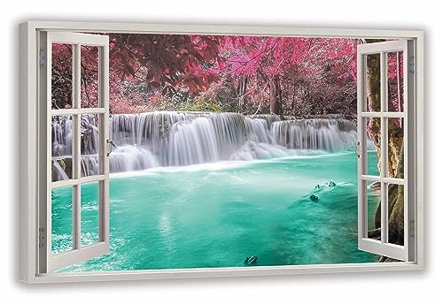 HUBDECO Leinwandbild Fensterblick Wasserfall Thailand Bild 100x70 cm - Landschaftsbilder auf Leinwand - Wandbilder Wohnzimmer - Bild Fenster mit Ausblick - Aesthetic Room Decor - Wanddeko Schlafzimmer