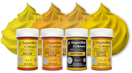 Sugarflair Paste Colour Lebensmittelfarben, Yellow, Set/4 | Hochkonzentrierte Farbpaste für Fondant, Marzipan und Modellierpaste, Farbintensität Aufbaubar