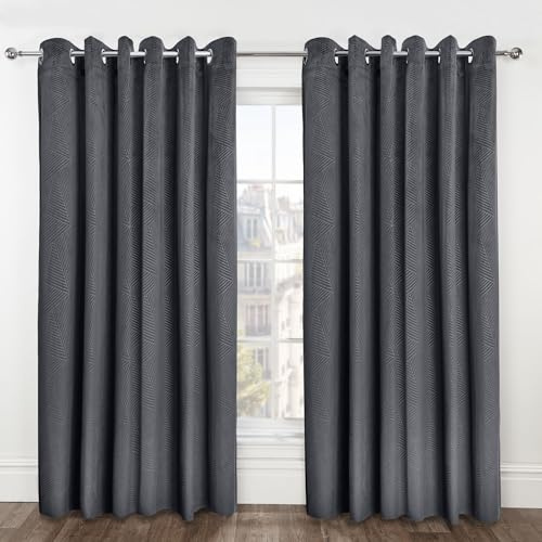 Emma Barclay Midnight - Embossed Velvet Woven Thermal Blackout Eyelet Curtains (Navy, Width 66 x Drop 90 (168 x 228cm))