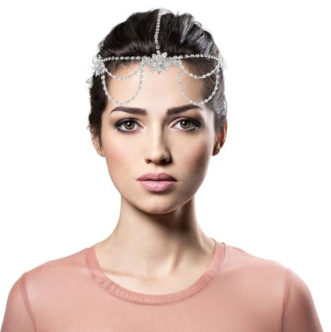 NICENEEDED Braut-Kopfkette Mit Glitzerndem Kristall, Hochzeit Silber Strass Haarschmuck Kopfschmuck, Glitzerblumen-Haarschmuckketten Für Frauen Und Mädchen