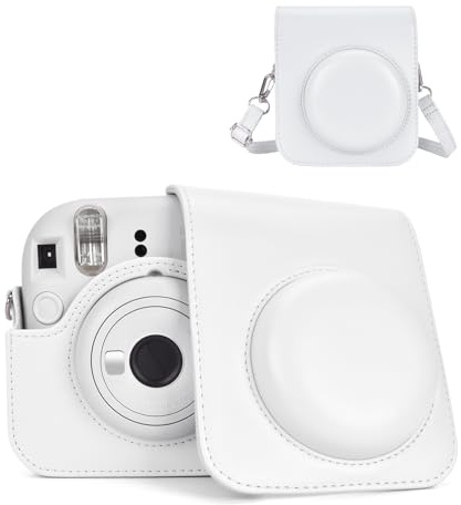 HIYQIN Housse de Protection pour Appareil Photo Instantané Compatible avec Fujifilm Instax Mini 12, Polaroid Camera Mini 12 Étui avec Poche de Photo - Argile Blanche