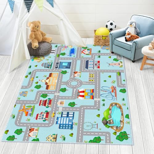 DoRlPIeY Kids Car Rug, 2' 7 x 4' City Life Road Traffic Game Carpet for Race Cars & Toys, Fun Non-Slip Race Track Educational Floor Area Playmat for Toddler Boys Bedroom Playroom Classroom Blue