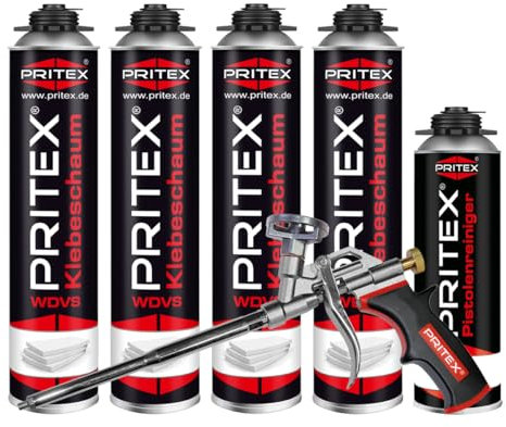 PRITEX - WDVS Klebeschaum Set 4 x 750 ml inkl. Schaumpistole und Reiniger zum Isolieren, Fixieren & Befestigen – Montageschaum Dämmstoffkleber mit sehr guter Haftung