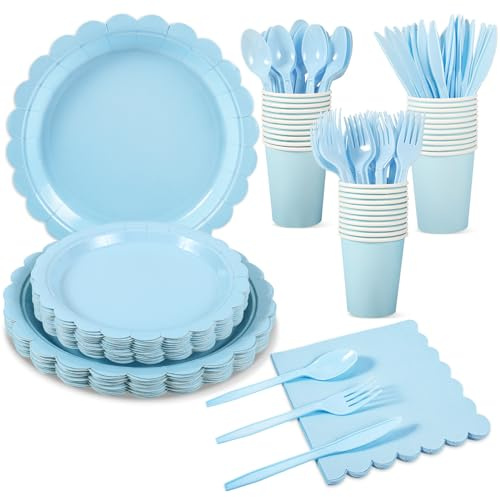 Xiangqu 175 Pcs Light Blue Paper Plates and Napkins, Boy Baby Shower Decorations Include Blue Scalloped Plates Napkins Cups for Kindergarten Graduation, Birthday, Bridal Shower, Wedding