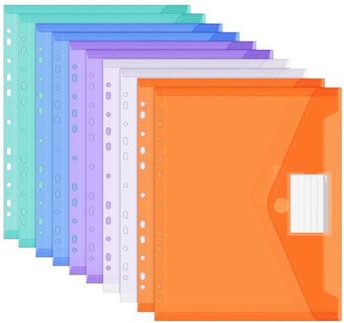 10 Stück Dokumententasche A4, Wasserdichte Dokumentenmappe, 11 Lochrand Sammelmappen Mit Etikettentasche, Bunte Mappen für Dokumente Organisieren, Bürobedarf, Hausaufgaben