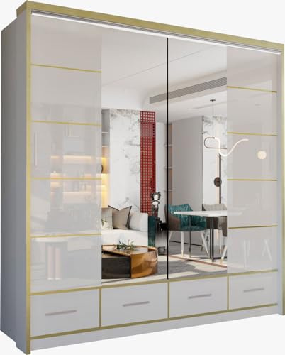 MN Furniture Sudenia High Gloss 2 & 3 Sliding Doors Wardrobe with Mirror, Drawers Cabinet with Storage Cabinets Hanging Rails Art Decor Closet in White, Black and Grey (White, 203cm)