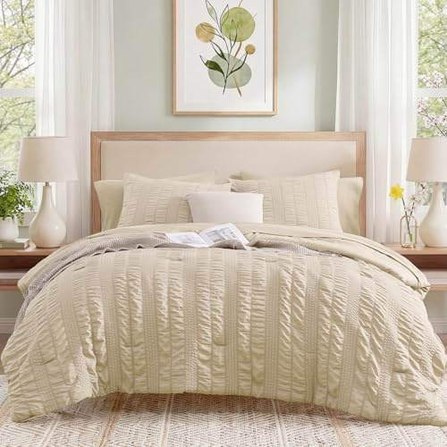 CASAAGUSTO Set di biancheria da letto matrimoniale, 7 pezzi beige Seersucker letto in una borsa full size morbido per tutte le stagioni, set di biancheria da letto completo con piumone, lenzuolo