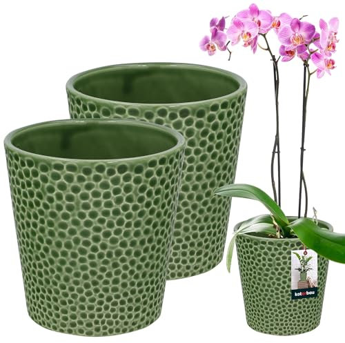 KOTARBAU Lot de 2 pots de fleurs verts en céramique émaillée, diamètre: 9,5 cm, hauteur: 11 cm, pot à orchidées moderne pour plantes d'intérieur