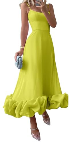 Vestido de fiesta de noche formal con volantes para mujer, largo hasta el té, Verde lima., 36