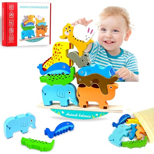 Holzspielzeug zum Stapeln von Tieren, Kinder Holzspielzeug Montessori Spielzeug ab 3 4 5 6 Jahre Balancieren Stapelspielzeug Motorikspielzeug, Geburztag Weihnacht Ostern Geschenk für Mädchen Junge