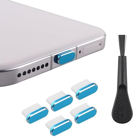 Futheda 5 Pezzi Tappi Anti-Polvere, Spine Metallo Tipo C Porta di Ricarica Protettore, Tappo Sporco Caso con Spazzola di Pulizia, per la Maggior Parte degli Smartphone e Modelli Android USB (Blu)