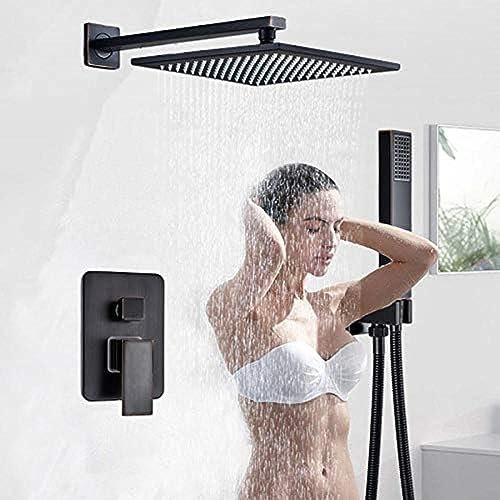 Black Brass Bathroom Shower Faucet with Concealed 2 Ways Mixer Valve and Handshower Includes 10 Rainfall Shower Head