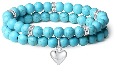 AWARDSEN 2 Stück Herz Edelstein Armband Damen Geschenk für Frauen | AWARDSEN Kristall 8mm Edelstein Schmuck, Heilsteine Armband, Partnerarmbänder