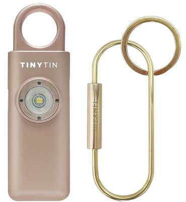 TinyTin Alarme de sécurité personnelle, or rose métallisé, outil d'autodéfense, alarme de sécurité féminine originale avec sirène, lumière stroboscopique LED et porte-clés, 130 dB, rechargeable