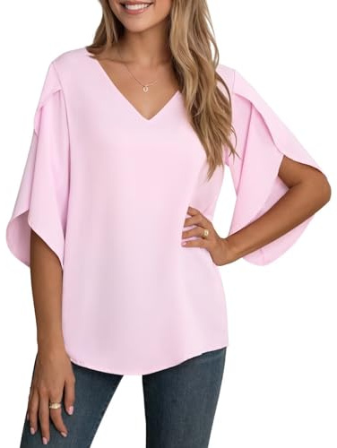 YGJIEGENG Blusa De Verano Mujer Camisa Elegantes de Manga 3/4 con Cuello en V Casual Chiffon Manga Corta Rosa pálido L