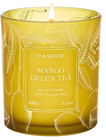M&SENSE Vela aromática de té verde de mango, 230 g, velas perfumadas en vaso, vela aromática de verano 42 horas de combustión, vela de soja vegana para decoración del hogar y dormitorio, regalo para