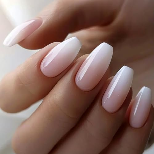 Ceboic 24 Pièces Faux Ongles Cercueil, Rose Blanc Dégradé Ongles à Coller Français Medium Press on Nails, Couverture Complète Artificiels Ongles à Presser, Ensembles de Manucure pour Femme Fille