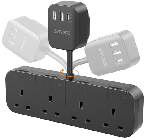 ANVODE 4 Way Plug Adapter UK, Short Extension Lead, Multi Plug with USB C | 4 Gang Plug Extension Socket, Flexible Plug, Independent Switches, 3 USB, Wall Socket Adaptor for Home, Kitchen, Black
