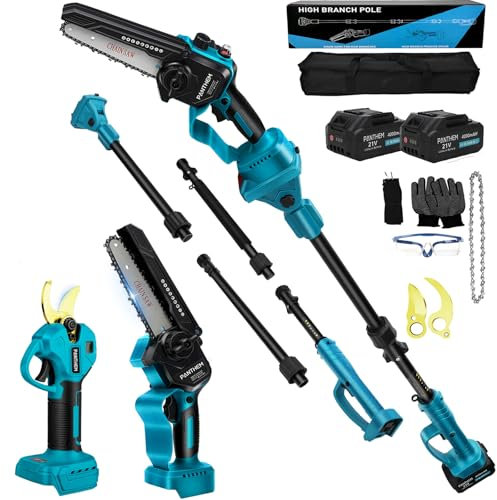 panthem 4 in 1 Akku Hochentaster 6 Zoll Mini Kettensäge mit Akku für Makita 18V & 45 mm Elektrische Gartenschere, 21V 4000mAh, Elektrische Baumschere Astschere, HandKettensäge Teleskop Astsäge