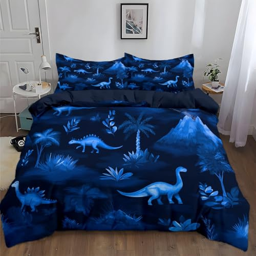 Srigzcaly Housse de Couette 260x240 cm Dinosaure Volcan et Plantes fantastiques Bleu foncé, Parure de Lit 2 Personnes en Microfibre avec Fermeture Éclair et 2 Taies d'oreiller 65x65 cm, Linge de Lit