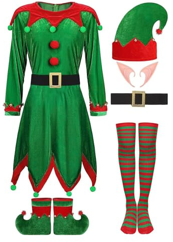 Lejafay Bitar Dam Jultomte Kostymset Sammetsklänning Bälte Randiga Strumpor Tomteöron Hatt Skor För Cosplay Grön L